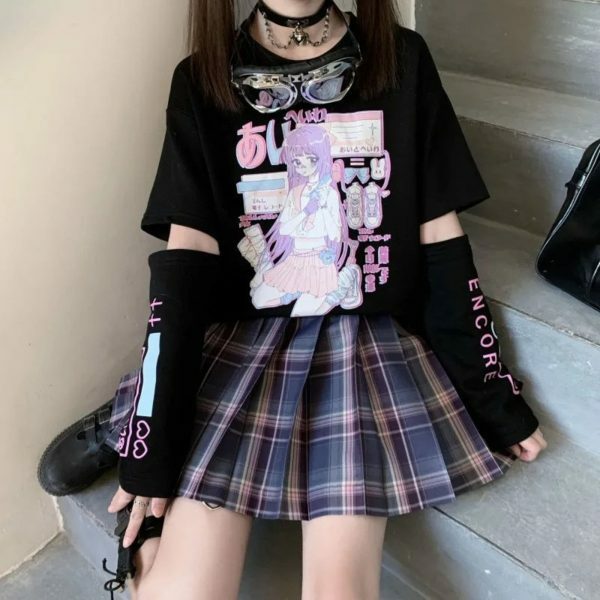 Y2K Harajuku Graphic Tee with Arm Covers for Women