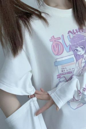 Y2K Harajuku Graphic Tee with Arm Covers for Women