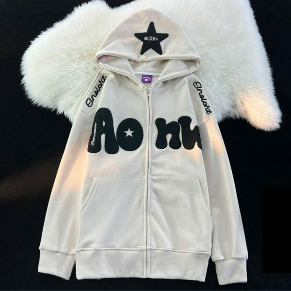 Y2K Harajuku Retro Street Embroidery Stars Zip Up Hoodie for Women