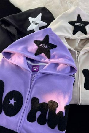 Y2K Harajuku Retro Street Embroidery Stars Zip Up Hoodie for Women