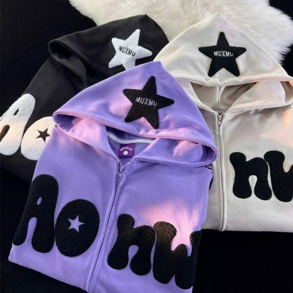 Y2K Harajuku Retro Street Embroidery Stars Zip Up Hoodie for Women