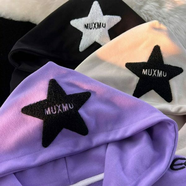 Y2K Harajuku Retro Street Embroidery Stars Zip Up Hoodie for Women