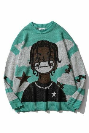 Y2K Harajuku Vintage Cartoon Anime Knitted Sweater Streetwear Oversized Hip Hop Pullover