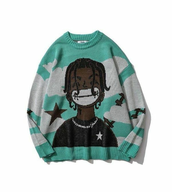 Y2K Harajuku Vintage Cartoon Anime Knitted Sweater Streetwear Oversized Hip Hop Pullover