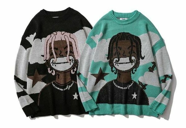 Y2K Harajuku Vintage Cartoon Anime Knitted Sweater Streetwear Oversized Hip Hop Pullover