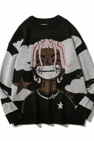 Y2K Harajuku Vintage Cartoon Anime Knitted Sweater Streetwear Oversized Hip Hop Pullover