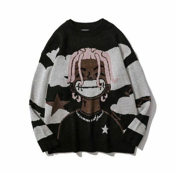 Y2K Harajuku Vintage Cartoon Anime Knitted Sweater Streetwear Oversized Hip Hop Pullover