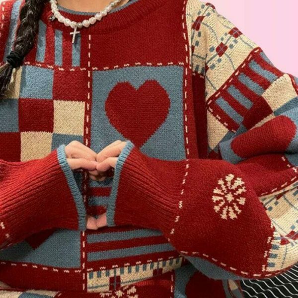 Y2K Heart Embroidered Patchwork Sweater - Streetwear Aesthetic