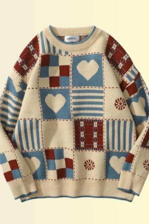 Y2K Heart Embroidered Patchwork Sweater - Streetwear Aesthetic