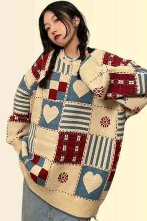 Y2K Heart Embroidered Patchwork Sweater - Streetwear Aesthetic