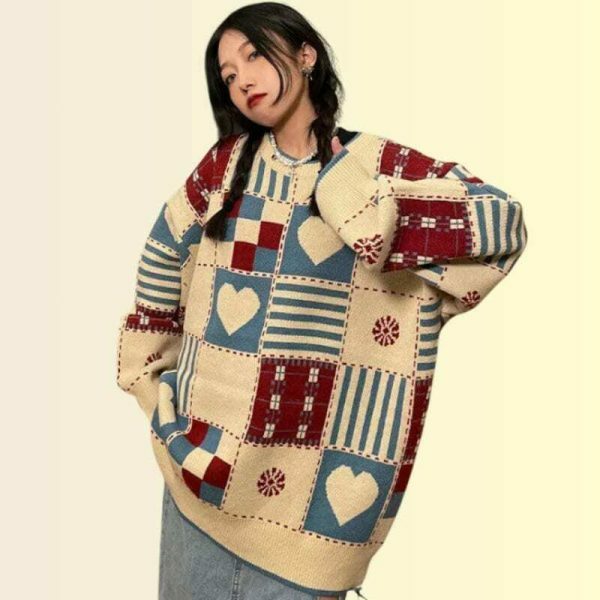 Y2K Heart Embroidered Patchwork Sweater - Streetwear Aesthetic