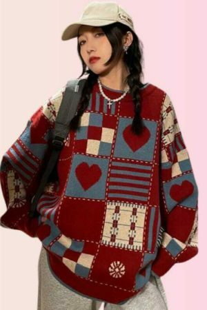 Y2K Heart Embroidered Patchwork Sweater - Streetwear Aesthetic