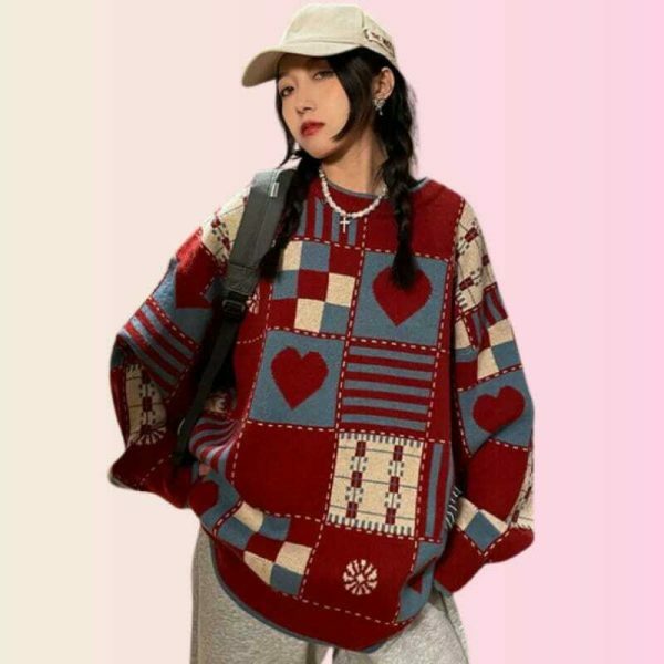 Y2K Heart Embroidered Patchwork Sweater - Streetwear Aesthetic