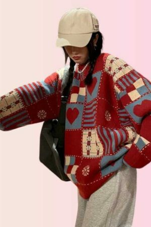 Y2K Heart Embroidered Patchwork Sweater - Streetwear Aesthetic