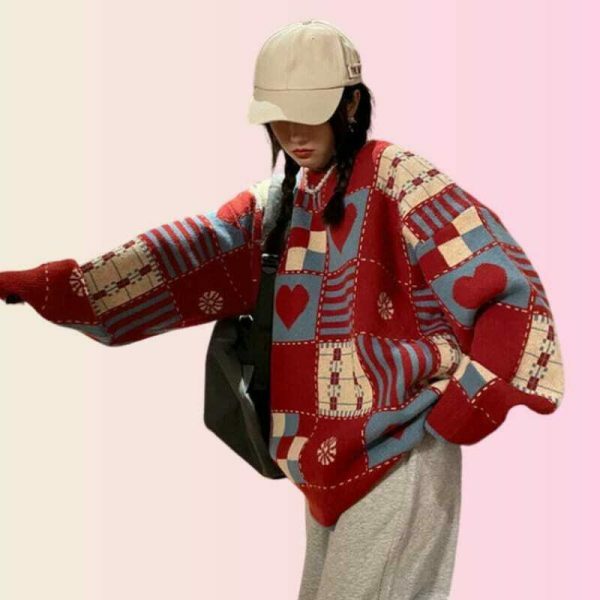 Y2K Heart Embroidered Patchwork Sweater - Streetwear Aesthetic