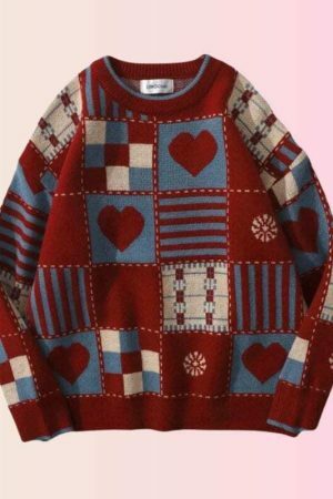 Y2K Heart Embroidered Patchwork Sweater - Streetwear Aesthetic