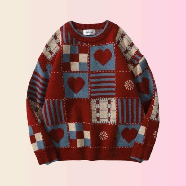 Y2K Heart Embroidered Patchwork Sweater - Streetwear Aesthetic