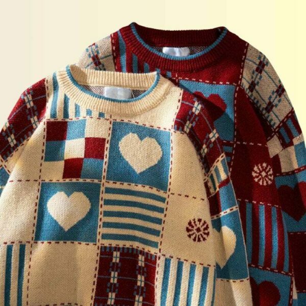 Y2K Heart Embroidered Patchwork Sweater - Streetwear Aesthetic