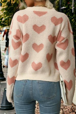 Y2K Heart Knit Sweater for Women, Streetwear Style, Sizes S-L