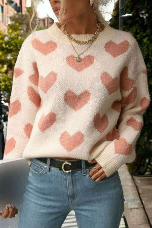 Y2K Heart Knit Sweater for Women, Streetwear Style, Sizes S-L