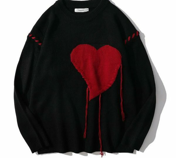 Y2K Heart Pattern Knitted Streetwear Sweater