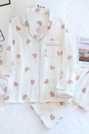 Y2K Heart Print Cotton Pajama Set | Cozy Streetwear Outfit for Women