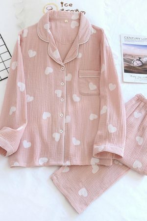 Y2K Heart Print Cotton Pajama Set | Cozy Streetwear Outfit for Women