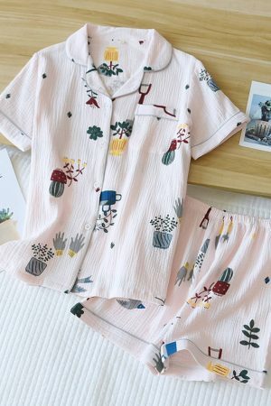 Y2K Heart Print Cotton Pajama Set for Women - Cute Japanese Streetwear