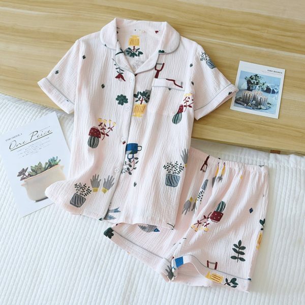 Y2K Heart Print Cotton Pajama Set for Women - Cute Japanese Streetwear