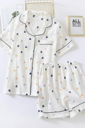 Y2K Heart Print Cotton Pajama Set for Women - Cute Japanese Streetwear