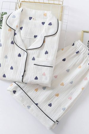 Y2K Heart Print Cotton Pajama Set for Women - Cute Japanese Streetwear