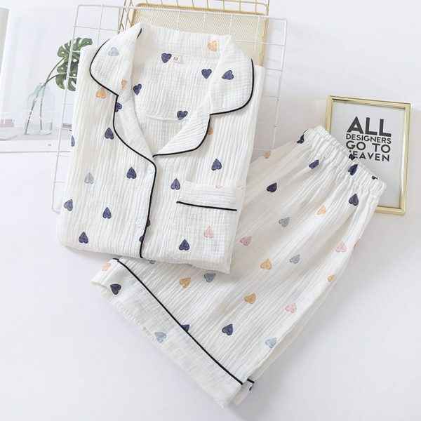 Y2K Heart Print Cotton Pajama Set for Women - Cute Japanese Streetwear