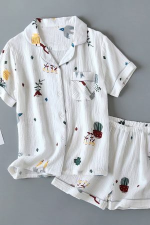 Y2K Heart Print Cotton Pajama Set for Women - Cute Japanese Streetwear