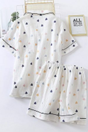 Y2K Heart Print Cotton Pajama Set for Women - Cute Japanese Streetwear