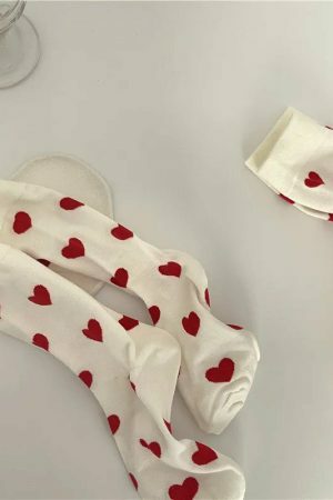 Y2K Heart Print Crew Socks for Women - White - Size 3-8 UK