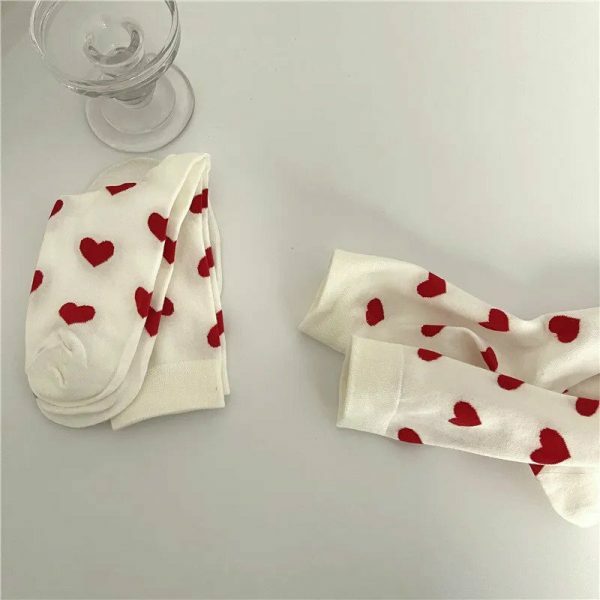 Y2K Heart Print Crew Socks for Women - White - Size 3-8 UK