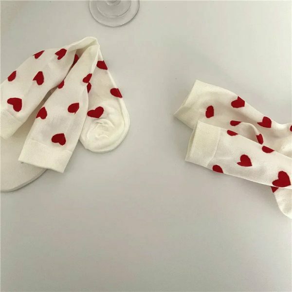 Y2K Heart Print Crew Socks for Women - White - Size 3-8 UK