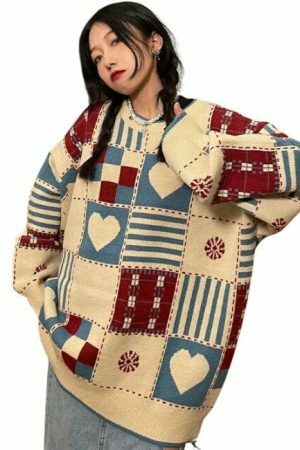 Y2K Heart Print Oversized Pullover Sweater