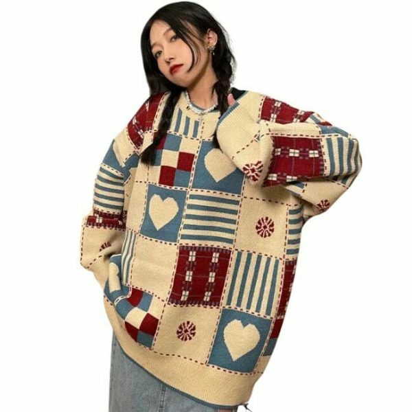 Y2K Heart Print Oversized Pullover Sweater