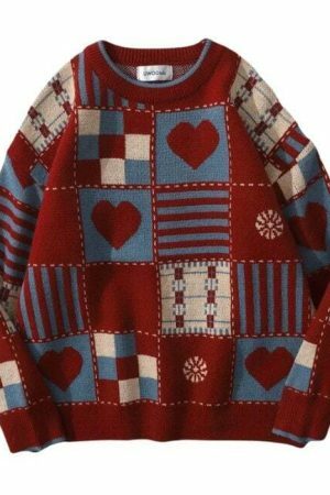 Y2K Heart Print Oversized Pullover Sweater