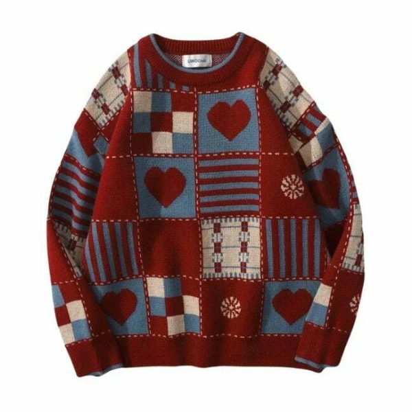 Y2K Heart Print Oversized Pullover Sweater