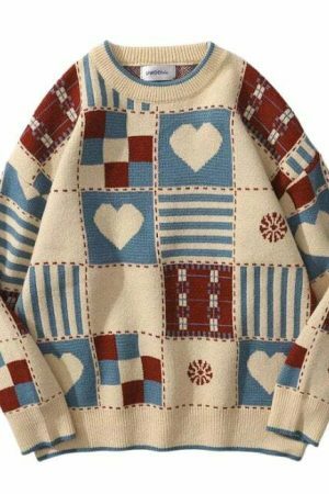 Y2K Heart Print Oversized Pullover Sweater