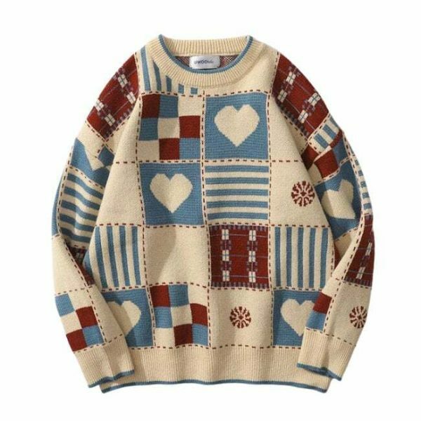 Y2K Heart Print Oversized Pullover Sweater