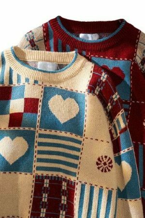 Y2K Heart Print Oversized Pullover Sweater