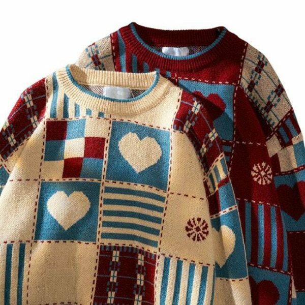 Y2K Heart Print Oversized Pullover Sweater