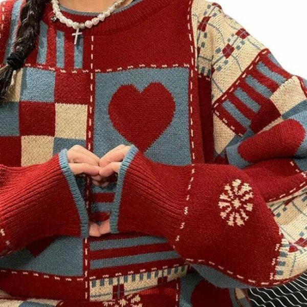 Y2K Heart Print Oversized Pullover Sweater