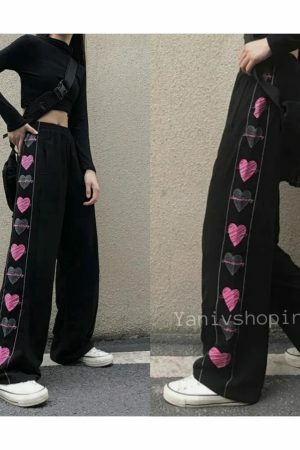 Y2K Heart Print Wide Leg Pants for Women - Harajuku Streetwear Fashion