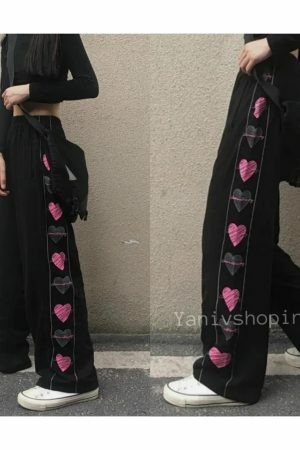 Y2K Heart Print Wide Leg Pants for Women - Harajuku Streetwear Fashion