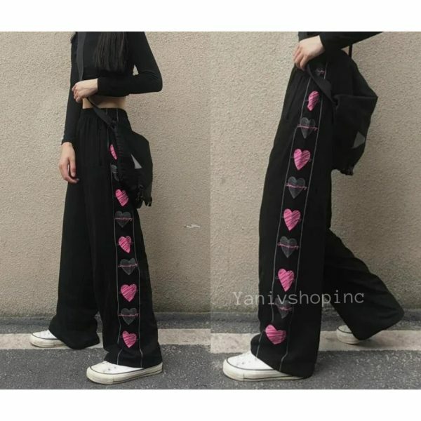 Y2K Heart Print Wide Leg Pants for Women - Harajuku Streetwear Fashion