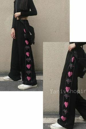 Y2K Heart Print Wide Leg Pants for Women - Harajuku Streetwear Fashion